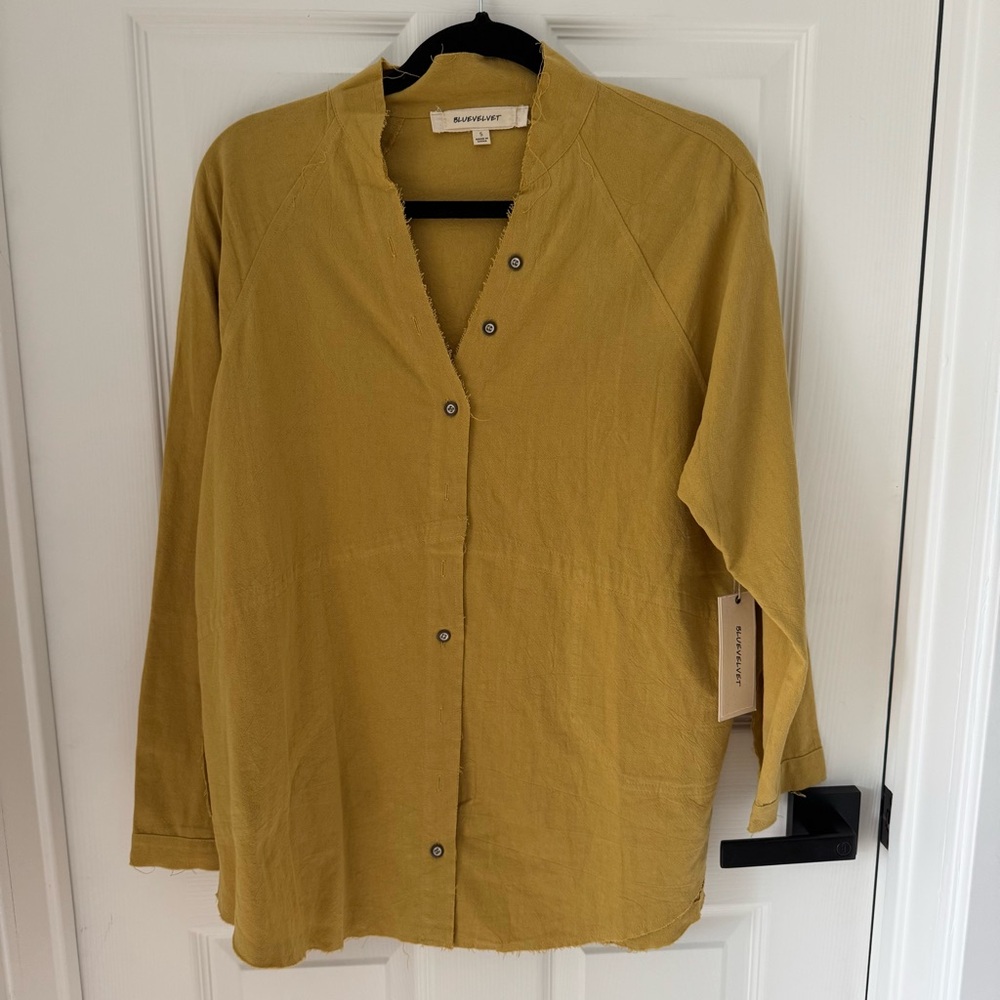Blue Velvet Cotton Cloud Top Blouse Button Down Mustard Raw Hem